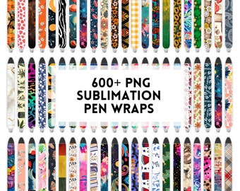 May include: A collection of 600+ sublimation pen wraps featuring a variety of colorful and patterned designs. The designs include floral, geometric, abstract, and animal prints.