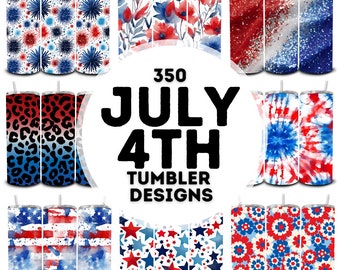 Puede incluir: 350 Diseños de vasos para el 4 de julio. Un collage de 12 diseños diferentes para vasos con temas patrióticos en rojo, blanco y azul. Los diseños incluyen fuegos artificiales, estrellas, flores, estampado de leopardo, tie-dye y acuarela.