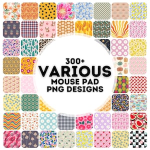Op de afbeelding: Een verzameling verschillende muismatontwerpen in PNG-formaat. De afbeelding toont een raster van kleurrijke, bedrukte muismatten, waaronder bloemen-, geometrische en abstracte ontwerpen. De tekst in het midden luidt "300+ VARIOUS MOUSE PAD PNG DESIGNS."