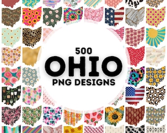 May include: A collection of 500 Ohio state outline PNG designs featuring various patterns, including floral, geometric, animal print, and tie-dye.