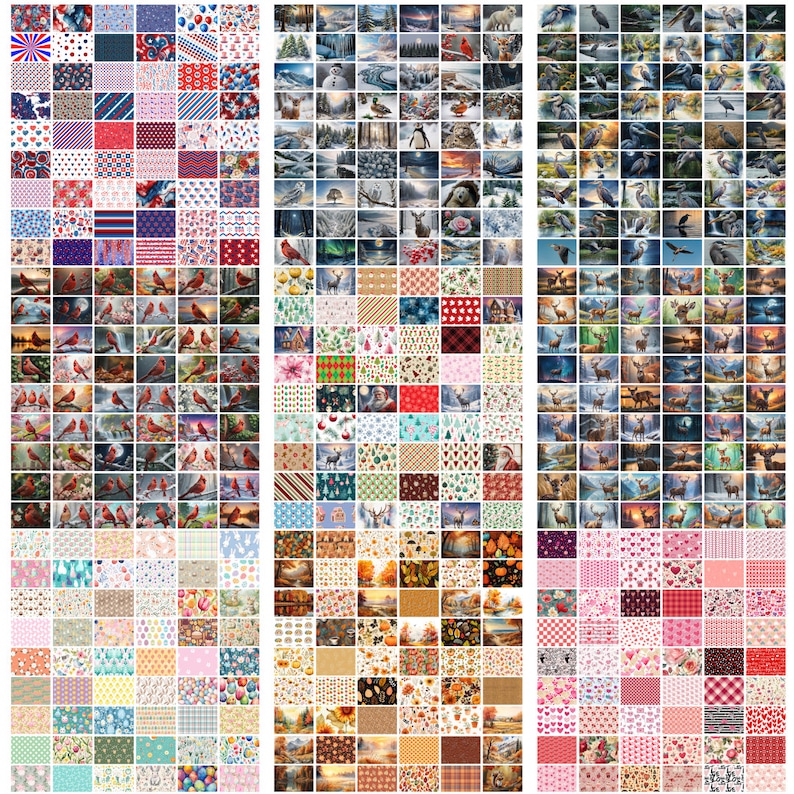 May include: A collage of 100 different digital paper designs. The designs are a mix of patterns, textures, and illustrations. Some of the designs feature animals, flowers, and geometric shapes. The designs are in a variety of colors, including red, blue, green, yellow, and pink.
