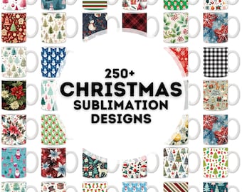 May include: A collection of 250+ Christmas sublimation designs featuring mugs with various holiday themes, including Santa Claus, snowmen, reindeer, and Christmas trees. The designs are colorful and festive, perfect for creating personalized gifts or adding a touch of holiday cheer to your home.