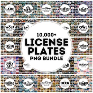May include: A collection of license plate designs, featuring various themes such as lakes, sea turtles, mountains, unicorns, galaxies, wolves, eagles, tigers, flowers, July 4th, horses, dolphins, sunflowers, deer, and beaches. The image includes the text "10,000+ LICENSE PLATES PNG BUNDLE."
