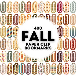 May include: 400 Fall Paper Clip Bookmarks. A collection of colourful paper clip bookmarks with autumn-themed patterns. The bookmarks are arranged in a grid pattern, with each bookmark featuring a different design.