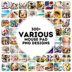 May include: A collage of over 300 mouse pad designs featuring various images, including animals, nature scenes, and abstract patterns.  The text "300+ VARIOUS MOUSE PAD PNG DESIGNS" is displayed in the center of the collage.