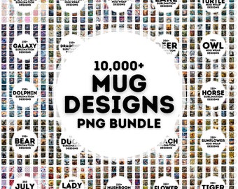 Pacote com mais de 10.000 designs para sublimação em canecas, incluindo adesivos para canecas e designs em PNG.