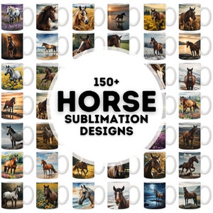 以下が含まれることがあります： 馬が様々なポーズと設定で描かれた150以上の昇華デザインのコラージュ。デザインは白いマグカップに表示されており、パーソナライズされたギフトの作成や、家の装飾に馬術の魅力を加えるのに最適です。