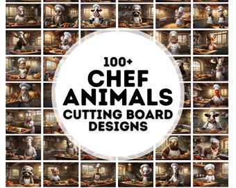 Puede incluir: Un collage de más de 100 imágenes de animales vestidos de chefs en un entorno de cocina. El texto "100+ CHEF ANIMALS CUTTING BOARD DESIGNS" está en el centro de la imagen.