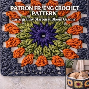 Peut inclure: Un patron de crochet pour un carré granny avec un motif de fleur en étoile. Le carré présente une fleur centrale violette, entourée de pétales verts et orange, et une bordure bleu foncé. Le texte sur l'image indique "PATRON FR/ENG CROCHET PATTERN".