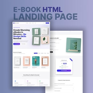 Może przedstawiać: Projekt strony docelowej witryny internetowej z tekstem "E-BOOK HTML LANDING PAGE" u góry. Strona posiada przejrzysty, nowoczesny układ z sekcjami dla e-booków, kategorii i oferty pakietowej. Projekt wykorzystuje paletę bieli, błękitu i zieleni.