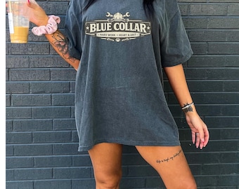 Blue Collar Shirt for Women | Hard Work Heart & Grit Tee | Western Workwear Graphic T Shirt | IBEW | Women In Blue Collar | Women In Trades