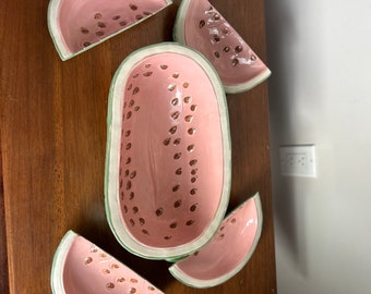 Ceramic Hand-Made Watermelon Bowl With Four "Slice" Plates