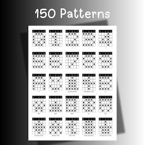 Puede incluir: Una hoja blanca con 150 patrones de bingo. Cada patrón es una cuadrícula de 5x5 con puntos negros en varias disposiciones. La palabra "BINGO" está en la parte superior de cada cuadrícula. El texto "150 Patterns" está en la parte superior.