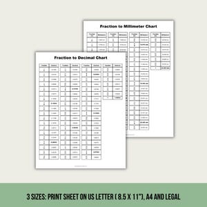 May include: Two white reference sheets with black text. The front sheet is titled Fraction to Decimal Chart with columns of fractions and decimals. The back sheet is titled Fraction to Millimeter Chart with columns of fractions and millimeters.