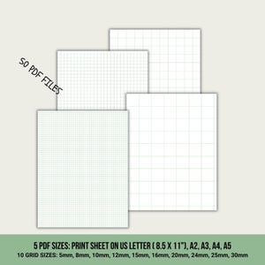 May include: A collection of white paper sheets featuring various black grid patterns. The text 50 PDF FILES is visible on the left. Below, the text reads: 5 PDF SIZES: PRINT SHEET ON US LETTER (8.5 X 11"), A2, A3, A4, A5. 10 GRID SIZES: 5mm, 8mm, 10mm, 12mm, 15mm, 16mm, 20mm, 24mm, 25mm, 30mm.
