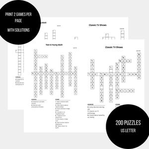 Könnte beinhalten: Ein weißes Papier mit Kreuzworträtseln, mit dem Text "PRINT 2 GAMES PER PAGE WITH SOLUTIONS". Die Rätsel sind in "Teen & Young Adult" und "Classic TV Shows" kategorisiert. Das Bild enthält auch den Text "200 PUZZLES US LETTER."