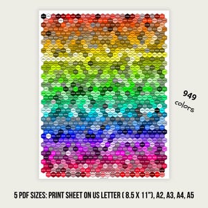 Peut inclure: Un nuancier composé de 949 hexagones disposés en dégradé arc-en-ciel vertical, du rouge au violet. Le texte 949 colors et 5 PDF SIZES: PRINT SHEET ON US LETTER (8.5 x 11"), A2, A3, A4, A5 est présent sur l'image pour indiquer les formats.