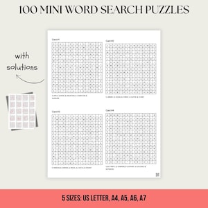 Könnte beinhalten: Ein druckbares Dokument mit dem Titel 100 MINI WORD SEARCH PUZZLES mit Lösungen, das vier verschiedene Wortsuchrätsel-Gitter enthält, die als Card 1 bis Card 4 beschriftet sind. Das Layout zeigt eine kleine Vorschau mehrerer Seiten und den Text 5 SIZES: US LETTER, A4, A5, A6, A7.