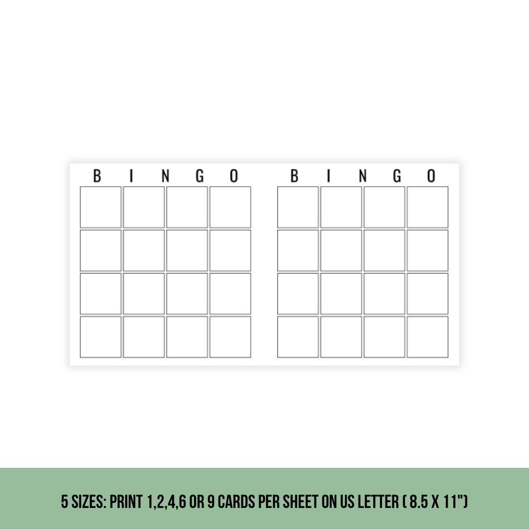 Printable 4x4 Blank Bingo Cards | 5 PDF Sizes | Template | DIY Bingo ...