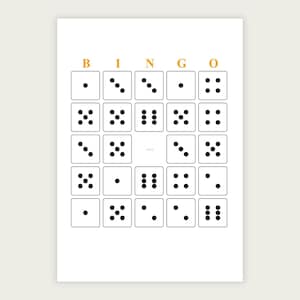 May include: A white bingo card featuring the letters B, I, N, G, O in gold at the top. The grid contains twenty-four squares, each displaying a unique arrangement of black dots representing dice faces, with a central square labeled FREE.