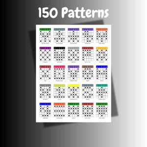 May include: A white sheet with 150 patterns, each in a different color, with the word "Bingo" at the top. Each pattern has a grid of black dots. The title "150 Patterns" is at the top in a bold font.