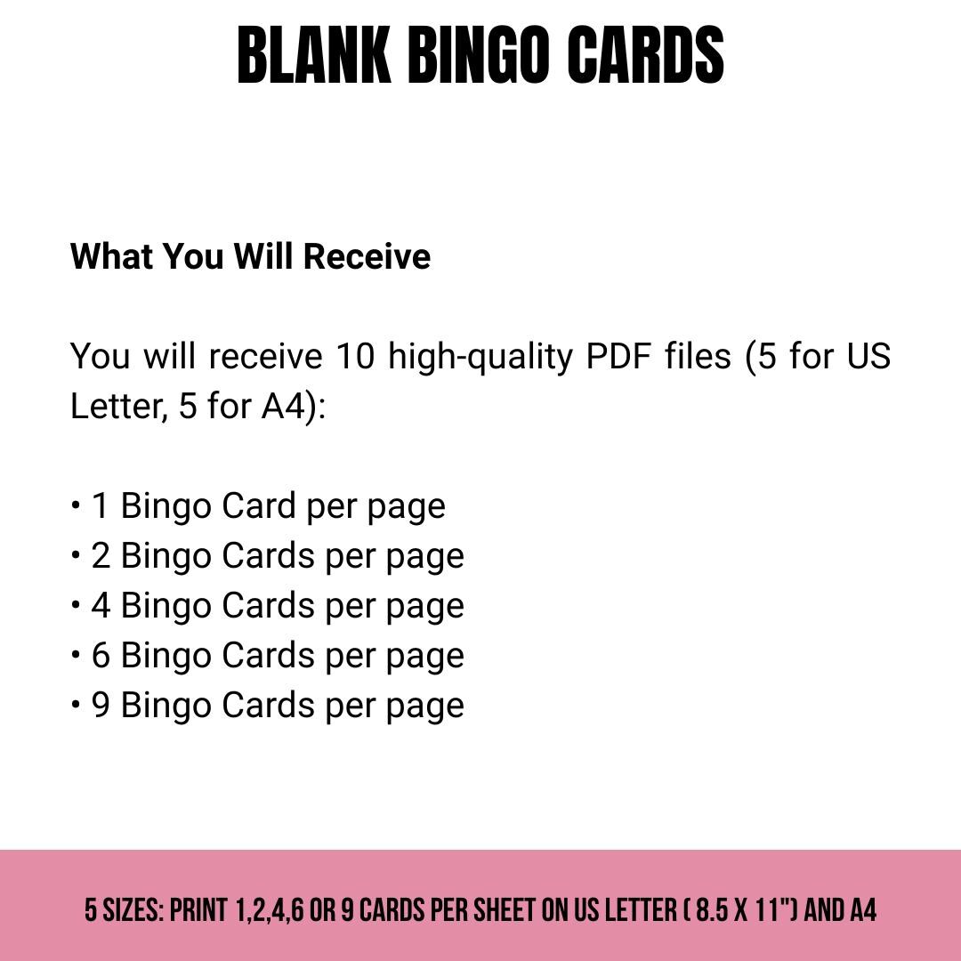 Printable Blank Bingo Cards | 5 PDF Sizes | Template | DIY Bingo Cards ...