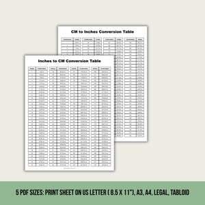 Può includere: Due tabelle rettangolari bianche con testo nero e linee a griglia. La tabella superiore è intitolata CM to Inches Conversion Table, quella inferiore Inches to CM Conversion Table. Il testo in basso recita 5 PDF SIZES: PRINT SHEET ON US LETTER (8.5 X 11"), A3, A4, LEGAL, TABLOID.