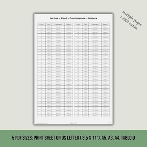Inches Feet Centimeters Meters Conversion Book | Instant Download | US Letter A5 A3 A4 Tabloid