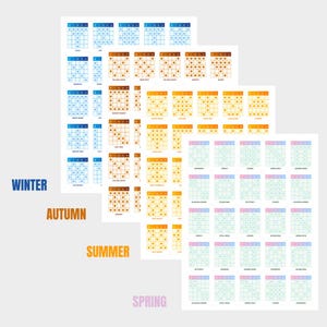 May include: Four sheets of paper with seasonal bingo cards. The sheets are labeled with the words "Winter", "Autumn", "Summer", and "Spring". The bingo cards are in shades of blue, orange, yellow, pink, and green.