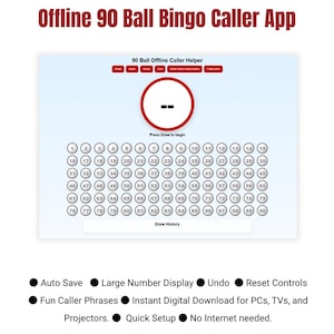 Op de afbeelding: Digitale bingo-caller app interface met de tekst "Offline 90 Ball Bingo Caller App". Het scherm toont een trekknop, een getallenraster en functieknoppen. Functies zijn onder meer automatisch opslaan en direct downloaden.