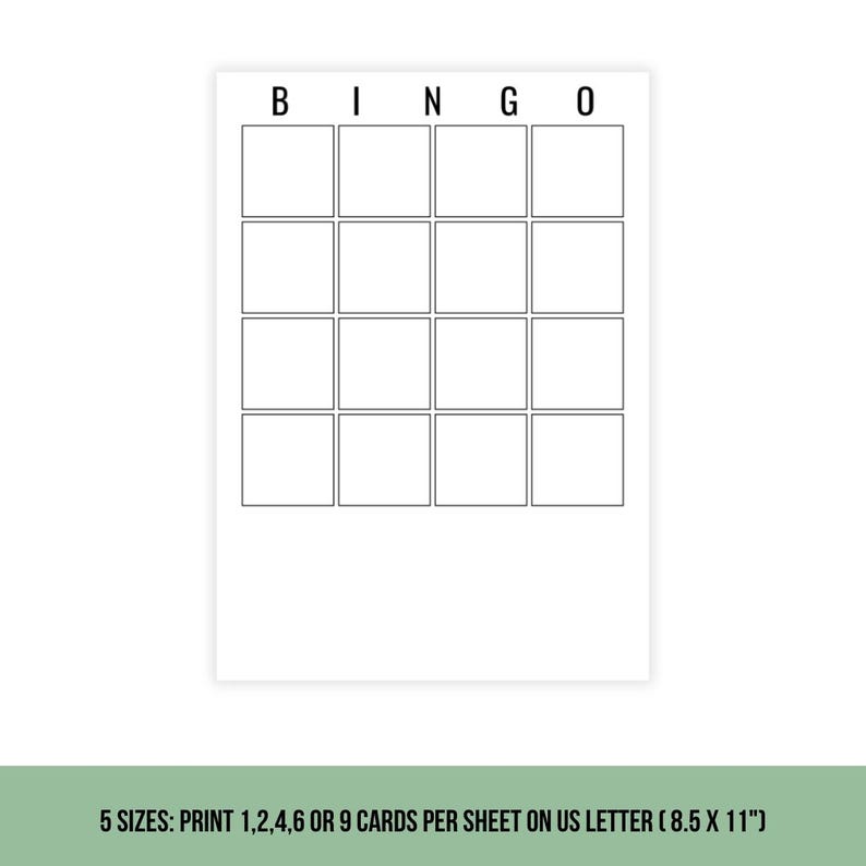 Printable 4x4 Blank Bingo Cards | 5 PDF Sizes | Template | DIY Bingo ...