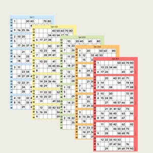 Könnte beinhalten: Ein Set aus fünf vertikalen Bingokarten in Blau, Gelb, Hellgrün, Orange und Rot, die jeweils ein Zahlengitter und das vertikal auf der linken Seite aufgedruckte Wort BINGO aufweisen. Die Karten sind mit Set 1, 102, 203, 304 und 401 beschriftet.