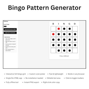 May include: A screenshot of a Bingo Pattern Generator interface. The interface includes a 5x5 bingo grid with black and red markers, a sidebar with color picker options, and instructions. Text includes "Bingo Pattern Generator" and feature descriptions.