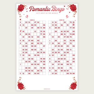 Könnte beinhalten: Ein weißes Blatt Papier mit dem Titel Romantic Bingo und dem Untertitel Let's Meet in the Middle. Es enthält zwei Bingo-Gitter mit der Bezeichnung Card 51 und Card 52, die mit schwarzen Zahlen gefüllt sind. Das Design ist mit roten Rosen verziert.