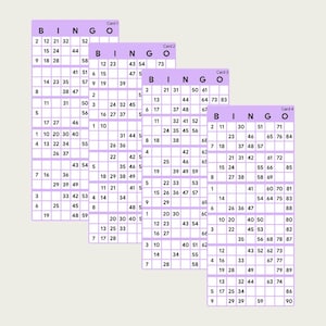 300 utskrivbara brittiska bingobrickor med 1–90 | A4 PDF | Direktnedladdning | 4 per sida | Lila