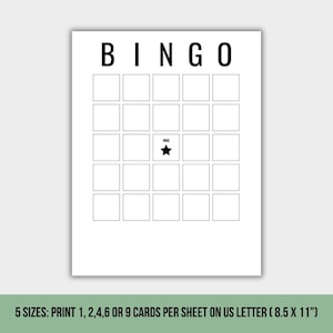 Peut inclure: Une carte de bingo blanche avec du texte et des lignes de grille noirs. Le mot BINGO est imprimé en haut. La grille se compose de cinq rangées et cinq colonnes de carrés vides, avec un carré central contenant une étoile noire et le mot FREE. 21,59 x 27,94 cm.