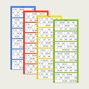 Op de afbeelding: Vier verticale bingokaarten met blauwe, rode, gele en groene randen. Elke kaart bevat een raster met cijfers en het woord BINGO verticaal aan de zijkant gedrukt. De kaarten zijn bovenaan gelabeld als Set 4, Set 1, Set 2 en Set 3.