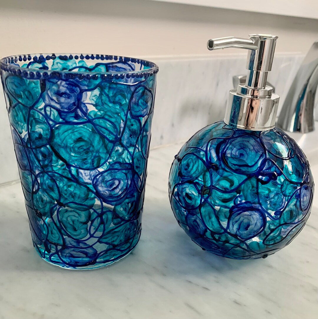 Soap Dispenser and Tumbler Set Stain Glass Collection Brilliant Blues Dishwasher Safe / Ships in