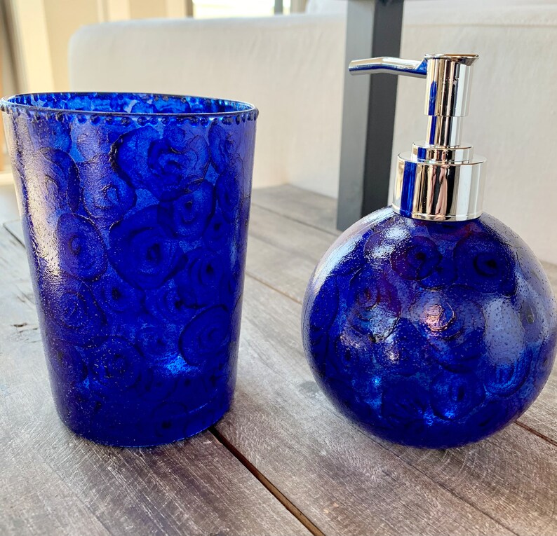 Soap Dispenser and Tumbler Set Stain Glass Collection Brilliant Violet Blues Dishwasher Safe
