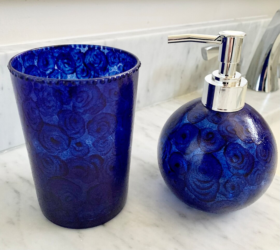 Soap Dispenser and Tumbler Set Stain Glass Collection Brilliant Violet Blues Dishwasher Safe