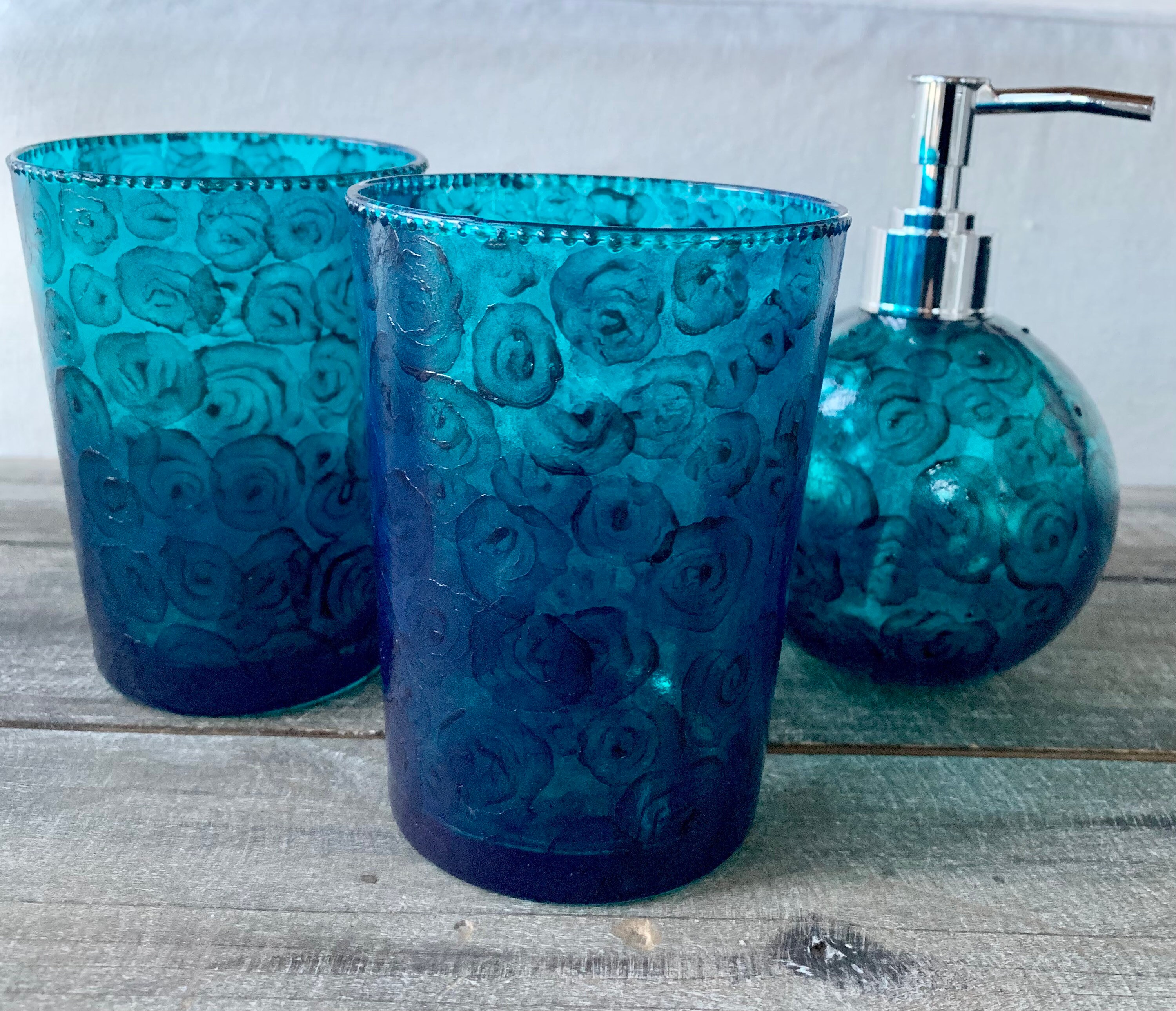 Soap Dispenser and Tumbler Set Stain Glass Collection Brilliant Turquoise Blues Dishwasher Safe