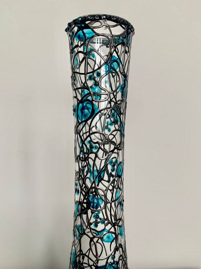 Decorative Glass Vase Tuquoise Stain Glass Effect With Silver and Black
