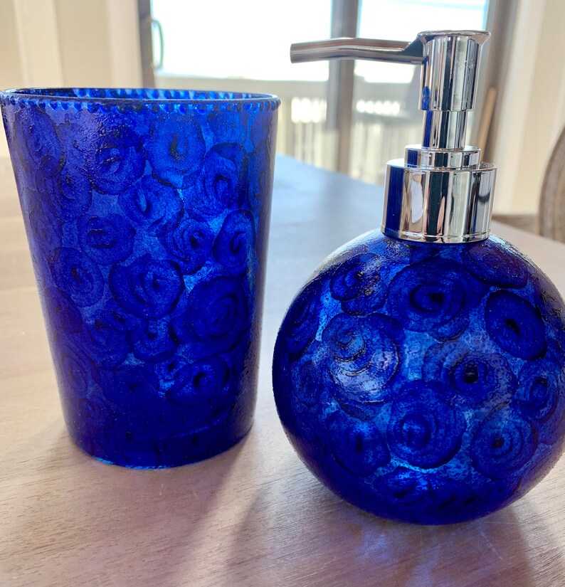 Soap Dispenser and Tumbler Set Stain Glass Collection Brilliant Violet Blues Dishwasher Safe