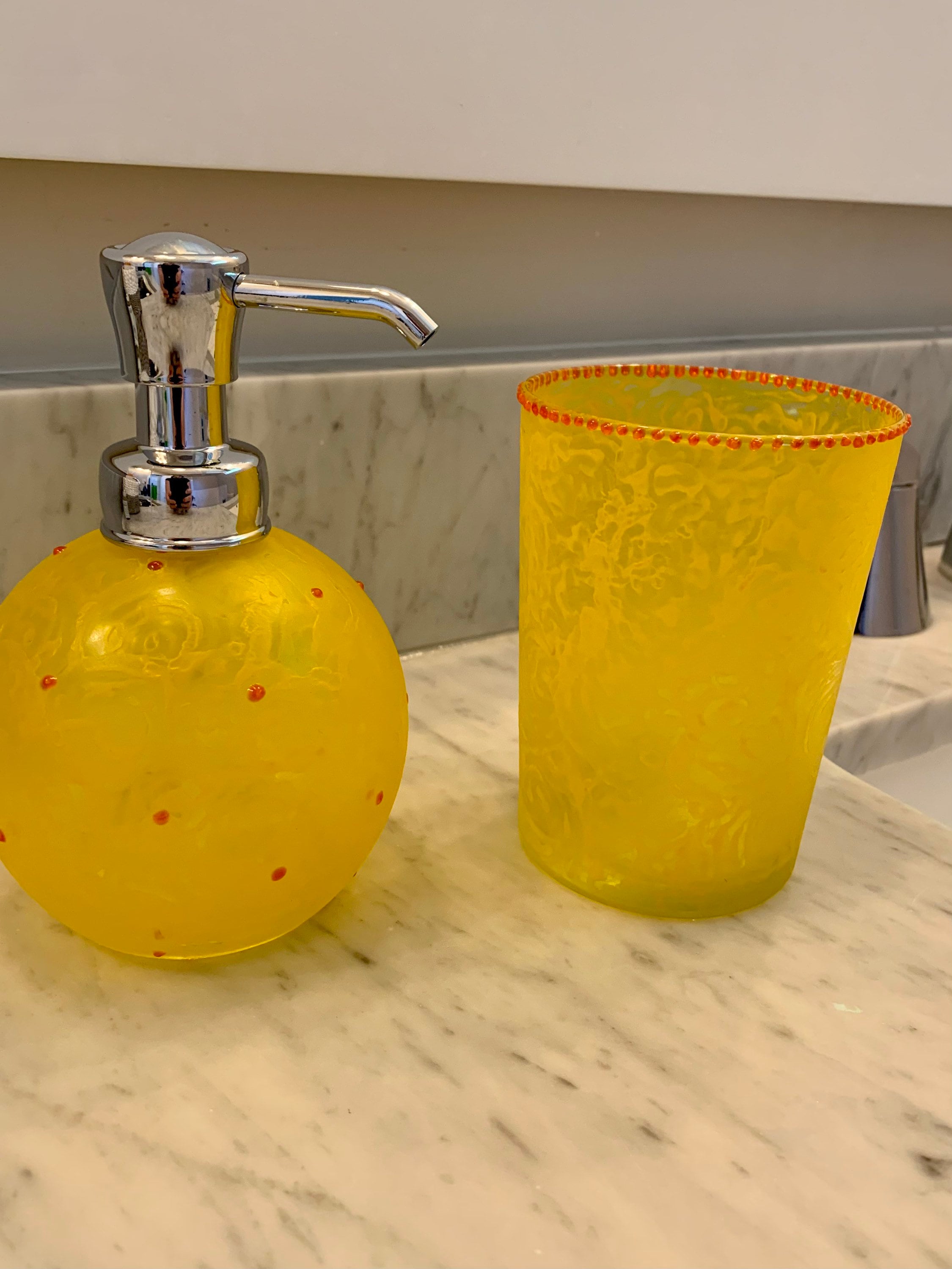Soap Dispenser and Tumbler Set Stain Glass Collection Brilliant Yellow With Orange Accents
