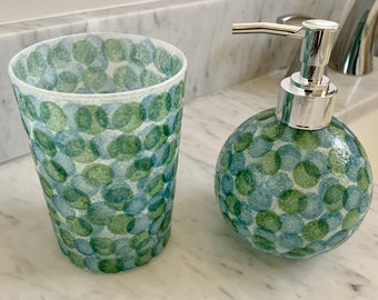 Soap Dispenser and Tumbler Set - Beach Vibe - Whites with pale blues and greens-Dishwasher safe / ships in 1-3 business days