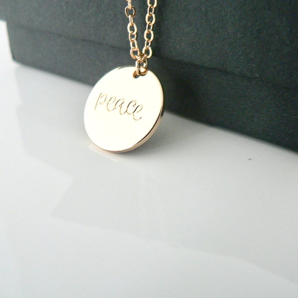 Peace Gold Charm Necklace, Inspirational Gold Disc Chain, Best Friend Gift, BFF Necklace Gift, Gift for Her, Inspiration Pendant, Happy Joy