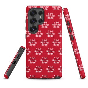 May include: A red phone case with a repeating white pattern of Greek letters and the words "Spring 2026." The case is shown from multiple angles, highlighting its design and features. The case is designed to fit a smartphone.