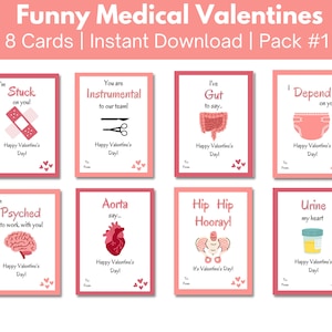 Funny Medical Valentine&#39;s Day Cards, 8 pack for doctors, nurses, hospital staff, students, pharmacists, Printable Valentines Gift Tag