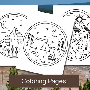 May include: Three black and white line art coloring pages featuring outdoor scenes. The first page depicts a mountain range with a crescent moon and stars. The second page shows a tent, campfire, and stars. The third page features a mountain range with a river, sun, and clouds.