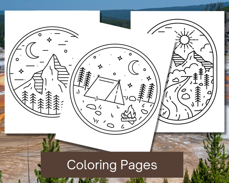 May include: Three black and white line art coloring pages featuring outdoor scenes. The first page depicts a mountain range with a crescent moon and stars. The second page shows a tent, campfire, and stars. The third page features a mountain range with a river, sun, and clouds.
